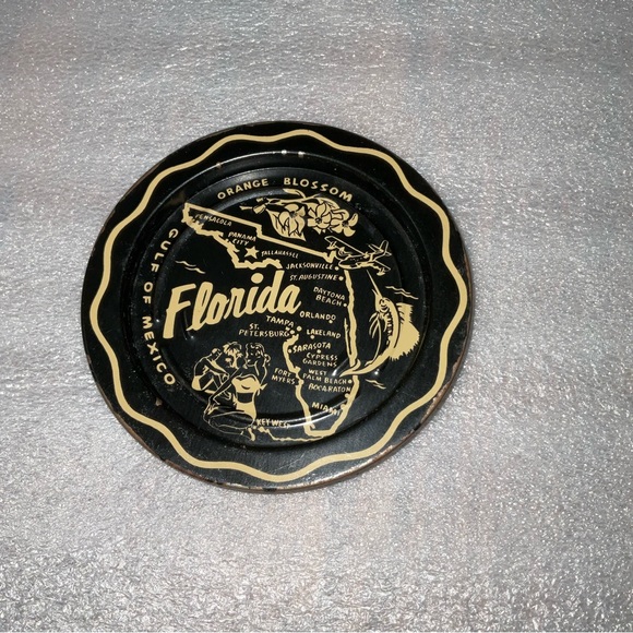 Vtg Florida State Souvenir Map Round Tin Tray Travel Trip Orange Blossom Beaches - Picture 2 of 11